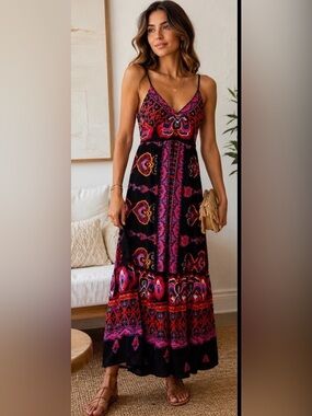 Angie Maxi Dress Womens Small Boho Floral Spaghetti Strap Rayon NWT